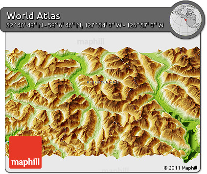 Physical 3D Map of the Area around 52° 53' 45" N, 127° 25' 30" W