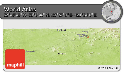 Physical Panoramic Map of the Area around 52° 53' 45" N, 128° 25' 30" E