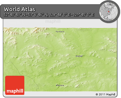 Physical 3D Map of the Area around 52° 53' 45" N, 129° 16' 30" E