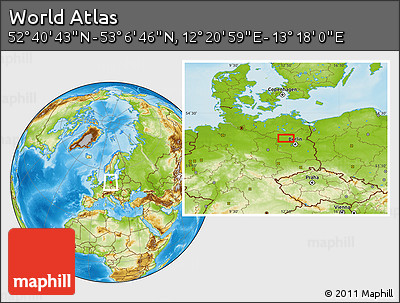 Physical Location Map of the Area around 52° 53' 45" N, 12° 49' 29" E