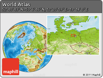 Physical Location Map of the Area around 52° 53' 45" N, 12° 49' 29" E