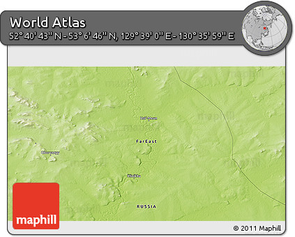Physical 3D Map of the Area around 52° 53' 45" N, 130° 7' 30" E