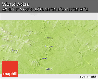 Physical 3D Map of the Area around 52° 53' 45" N, 130° 7' 30" E