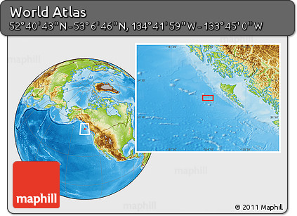 Physical Location Map of the Area around 52° 53' 45" N, 134° 13' 29" W