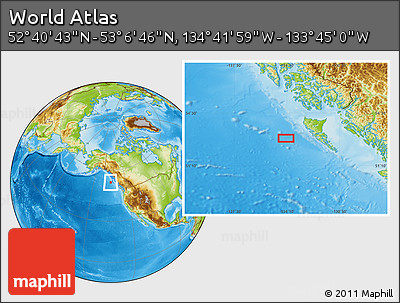 Physical Location Map of the Area around 52° 53' 45" N, 134° 13' 29" W