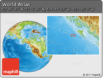 Physical Location Map of the Area around 52° 53' 45" N, 134° 13' 29" W