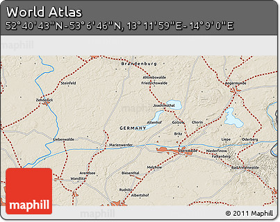 Shaded Relief 3D Map of the Area around 52° 53' 45" N, 13° 40' 30" E