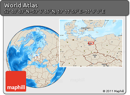 Shaded Relief Location Map of the Area around 52° 53' 45" N, 13° 40' 30" E