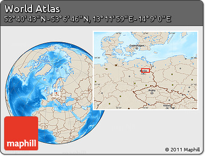 Shaded Relief Location Map of the Area around 52° 53' 45" N, 13° 40' 30" E