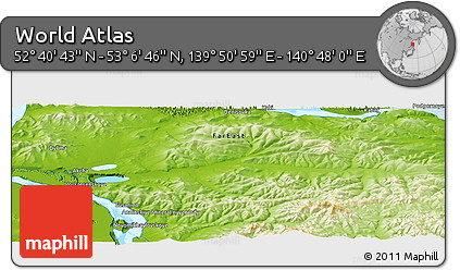 Physical Panoramic Map of the Area around 52° 53' 45" N, 140° 19' 29" E
