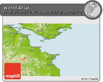 Physical 3D Map of the Area around 52° 53' 45" N, 141° 10' 30" E
