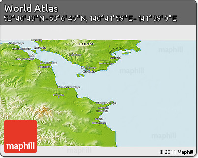 Physical 3D Map of the Area around 52° 53' 45" N, 141° 10' 30" E