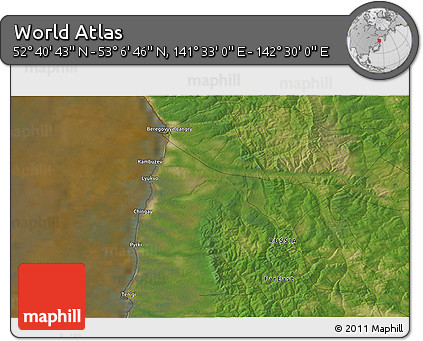 Satellite 3D Map of the Area around 52° 53' 45" N, 142° 1' 30" E