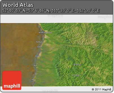 Satellite 3D Map of the Area around 52° 53' 45" N, 142° 1' 30" E