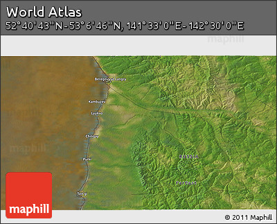 Satellite 3D Map of the Area around 52° 53' 45" N, 142° 1' 30" E