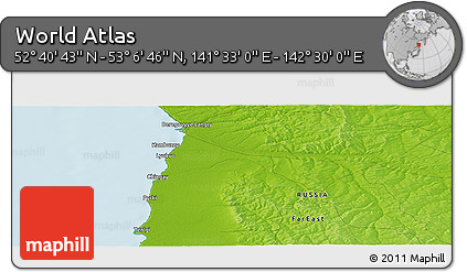 Physical Panoramic Map of the Area around 52° 53' 45" N, 142° 1' 30" E