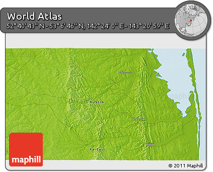 Physical 3D Map of the Area around 52° 53' 45" N, 142° 52' 30" E