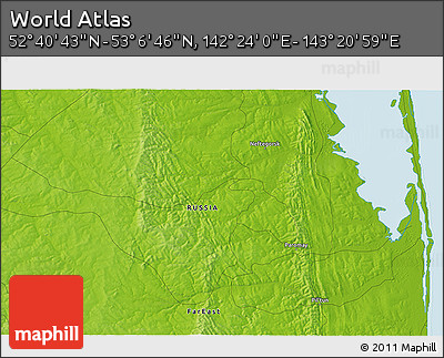 Physical 3D Map of the Area around 52° 53' 45" N, 142° 52' 30" E
