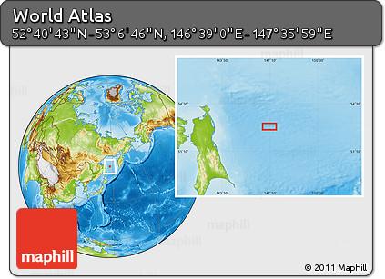 Physical Location Map of the Area around 52° 53' 45" N, 147° 7' 30" E