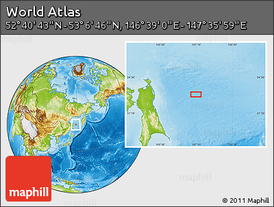 Physical Location Map of the Area around 52° 53' 45" N, 147° 7' 30" E