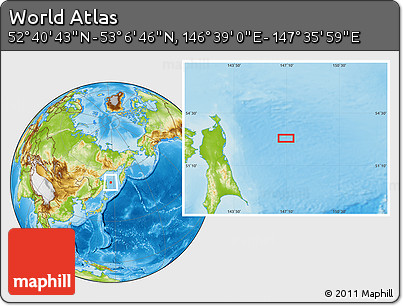 Physical Location Map of the Area around 52° 53' 45" N, 147° 7' 30" E