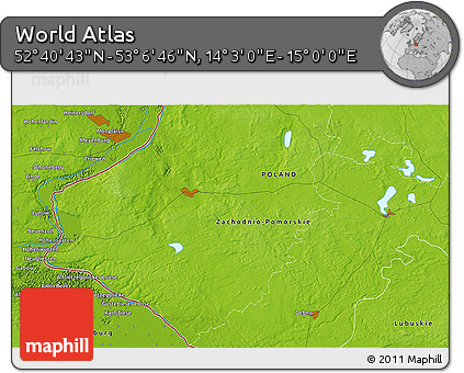 Physical 3D Map of the Area around 52° 53' 45" N, 14° 31' 30" E