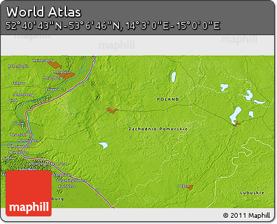 Physical 3D Map of the Area around 52° 53' 45" N, 14° 31' 30" E
