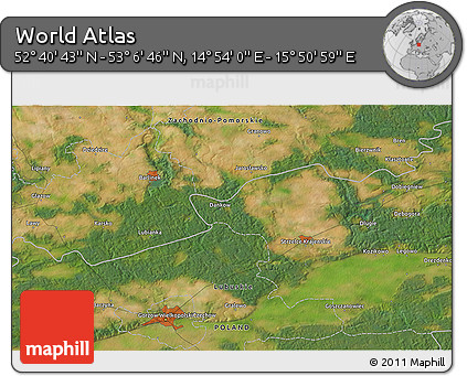 Satellite 3D Map of the Area around 52° 53' 45" N, 15° 22' 30" E