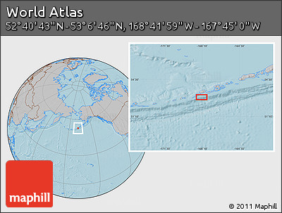 Gray Location Map of the Area around 52° 53' 45" N, 168° 13' 29" W, hill shading
