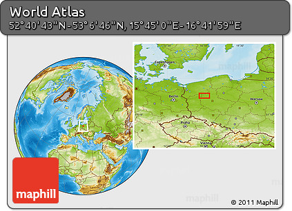 Physical Location Map of the Area around 52° 53' 45" N, 16° 13' 30" E