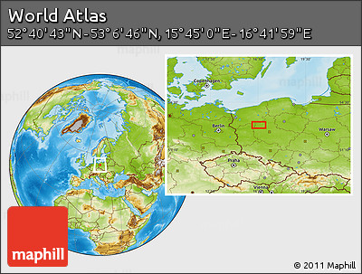 Physical Location Map of the Area around 52° 53' 45" N, 16° 13' 30" E