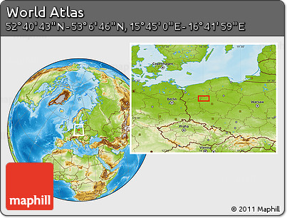 Physical Location Map of the Area around 52° 53' 45" N, 16° 13' 30" E