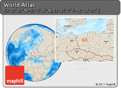 Shaded Relief Location Map of the Area around 52° 53' 45" N, 16° 13' 30" E