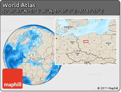 Shaded Relief Location Map of the Area around 52° 53' 45" N, 16° 13' 30" E