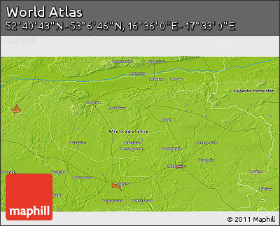 Physical 3D Map of the Area around 52° 53' 45" N, 17° 4' 30" E
