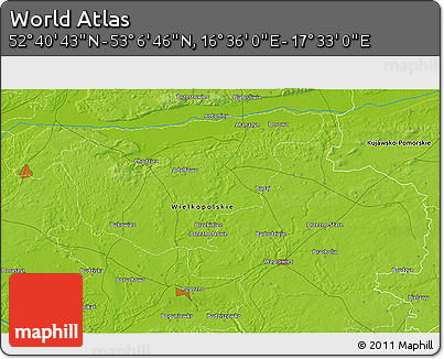 Physical 3D Map of the Area around 52° 53' 45" N, 17° 4' 30" E