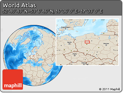 Shaded Relief Location Map of the Area around 52° 53' 45" N, 17° 4' 30" E