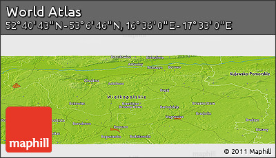 Physical Panoramic Map of the Area around 52° 53' 45" N, 17° 4' 30" E