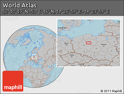 Gray Location Map of the Area around 52° 53' 45" N, 17° 55' 29" E, hill shading