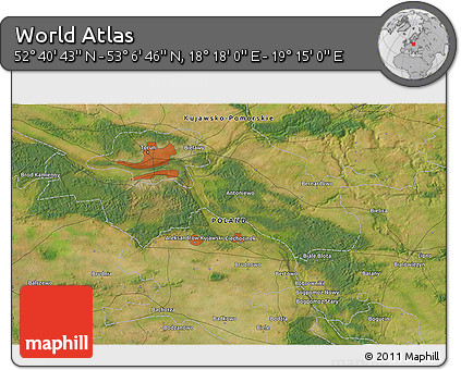 Satellite 3D Map of the Area around 52° 53' 45" N, 18° 46' 29" E