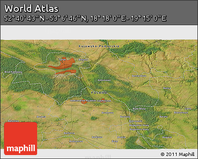 Satellite 3D Map of the Area around 52° 53' 45" N, 18° 46' 29" E