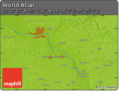 Physical Map of the Area around 52° 53' 45" N, 18° 46' 29" E