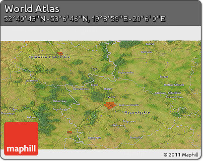 Satellite 3D Map of the Area around 52° 53' 45" N, 19° 37' 30" E