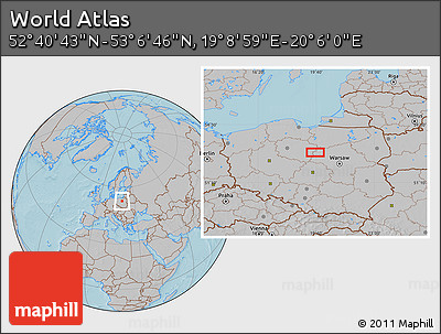 Gray Location Map of the Area around 52° 53' 45" N, 19° 37' 30" E, hill shading
