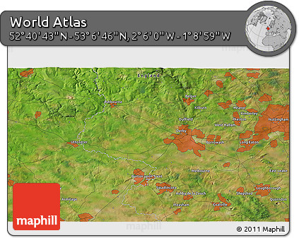 Satellite 3D Map of the Area around 52° 53' 45" N, 1° 37' 30" W
