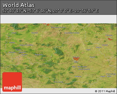 Satellite 3D Map of the Area around 52° 53' 45" N, 20° 28' 30" E