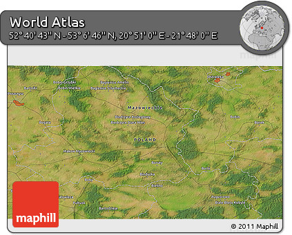 Satellite 3D Map of the Area around 52° 53' 45" N, 21° 19' 30" E
