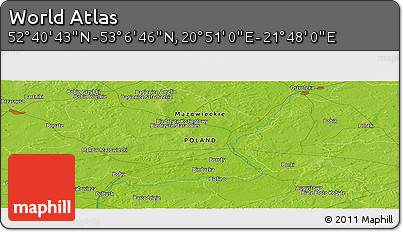 Physical Panoramic Map of the Area around 52° 53' 45" N, 21° 19' 30" E