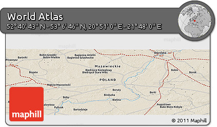 Shaded Relief Panoramic Map of the Area around 52° 53' 45" N, 21° 19' 30" E