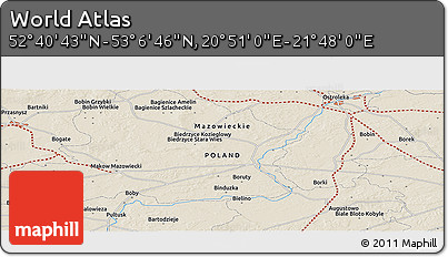 Shaded Relief Panoramic Map of the Area around 52° 53' 45" N, 21° 19' 30" E